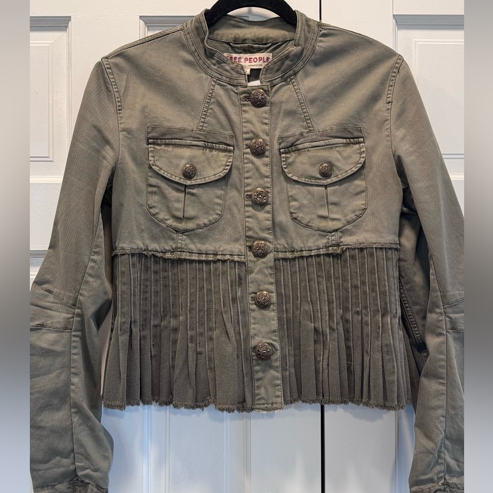 Free People Olive Military-Style Pleated Cropped Jacket